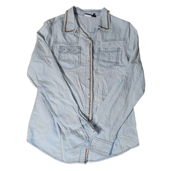 Allen B. Chambray and Crochet Button Up Denim Top embroidery southwest Small - Picture 2 of 9